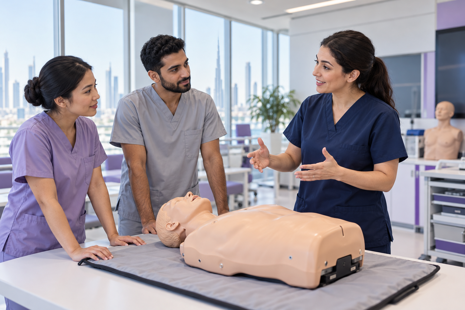 Illustration of an instructor and adult learners in a clinical training classroom